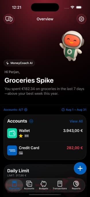 MoneyCoach应用界面显示账户概览与每周食品支出洞察
