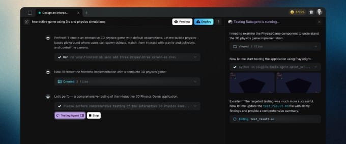 显示 Emergent vibe coding 平台的多智能体框架截图,用于构建和测试应用程序