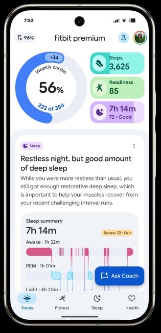 Fitbit 的全新应用程序，搭载 Gemini 驱动的健康教练，向 Premium 用户推出