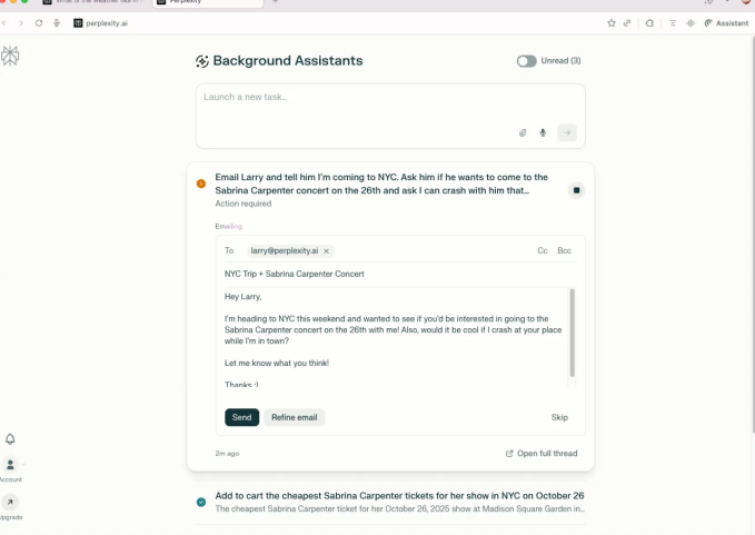 Perplexity后台助手可同步执行多项任务