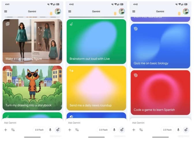 展示Gemini新界面的截图,包含彩色提示词与图片